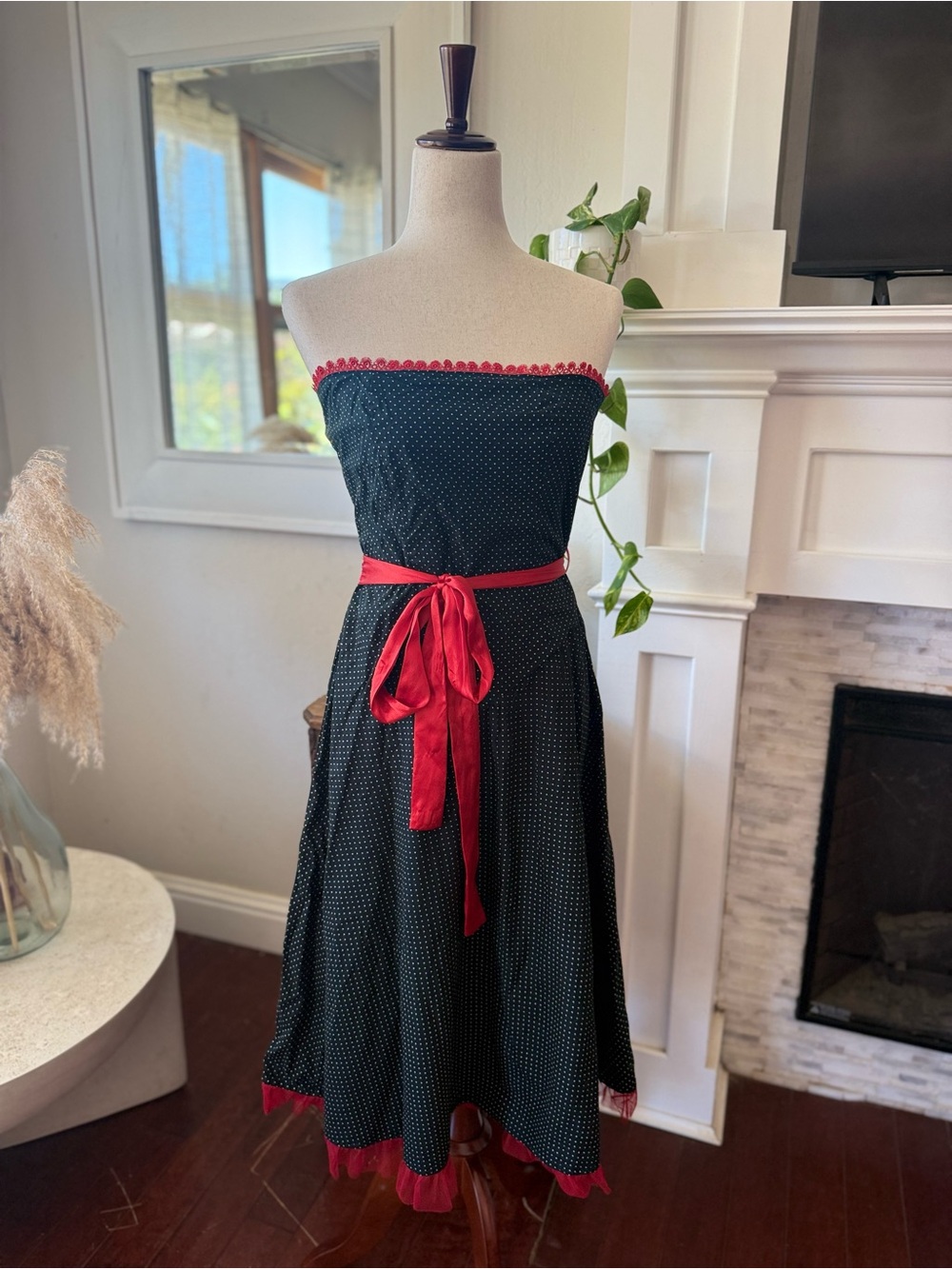 Strapless Black Polka Dot Midi Dress with Red Trim and Sash